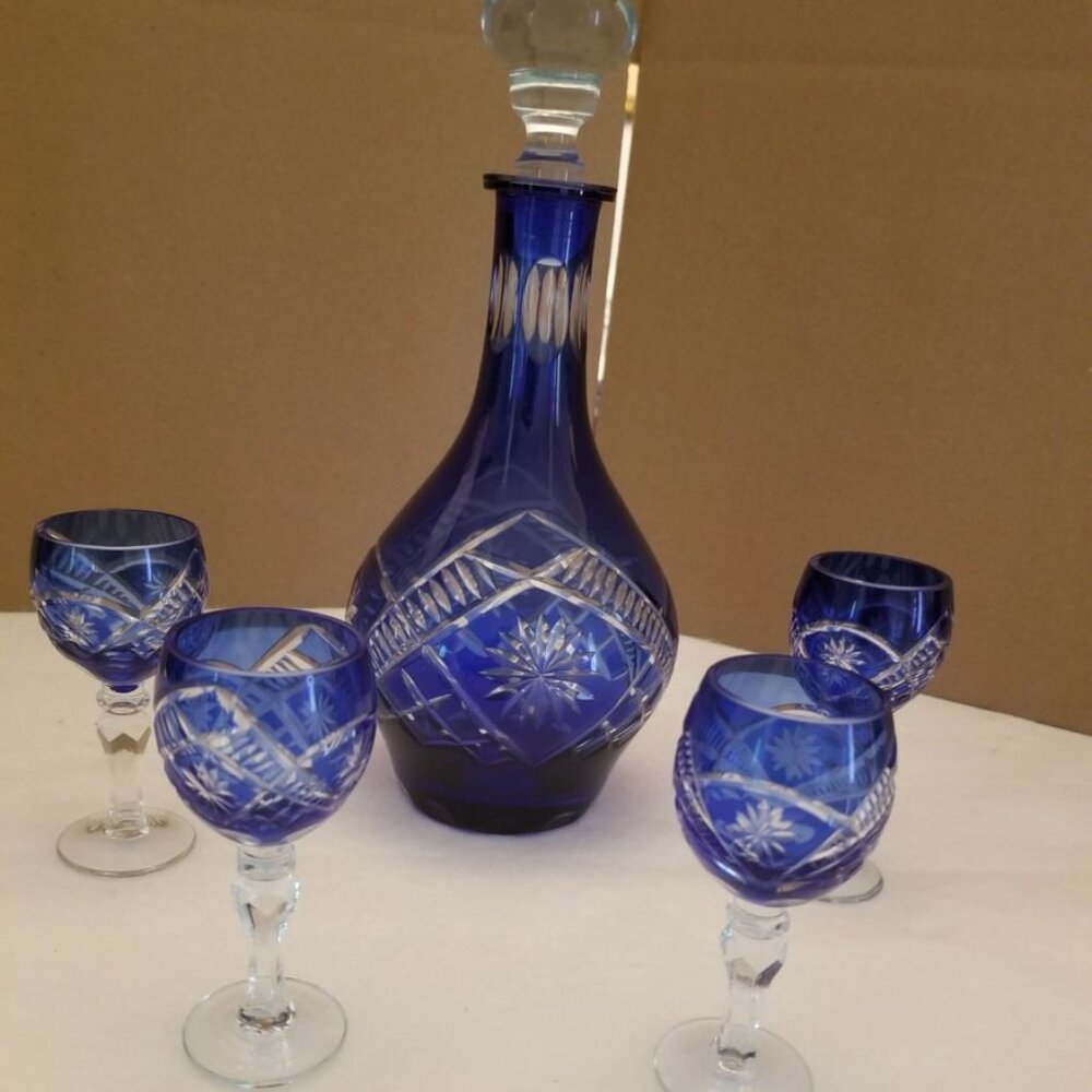 Cobalt Blue Cut to Clear Decanter and 4 Sherry/Wine Stems